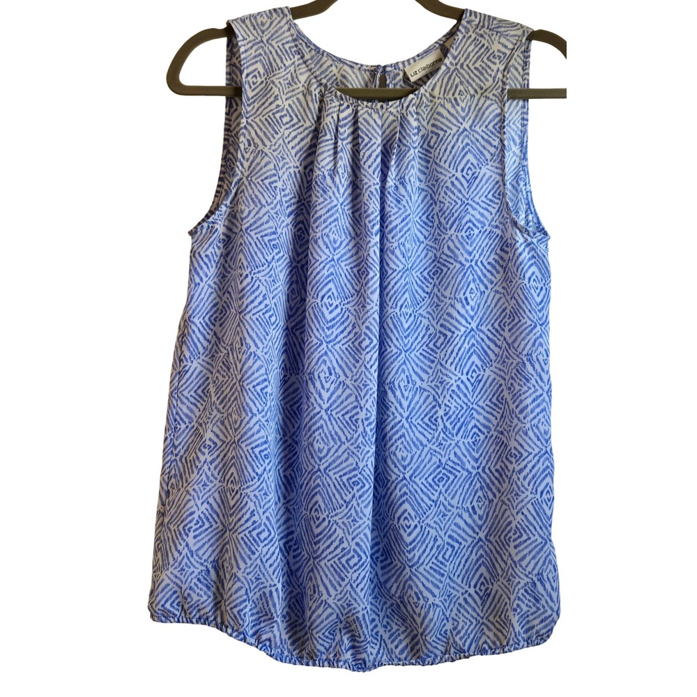 Liz Claiborne Blue White Geometric Diamond Print‎ Bubble Hem Sleeveless Blouse M